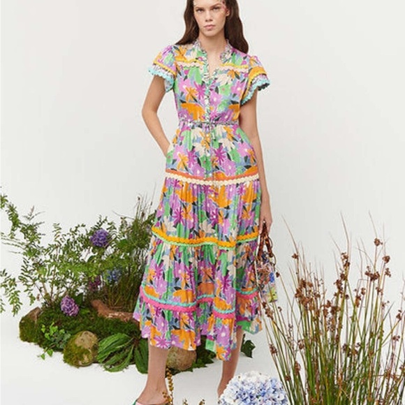 CeliaB Aneeta Purple & Orange Tiered Ruffled Sundress w/Flutter Sleeves SZ XS - Picture 4 of 9